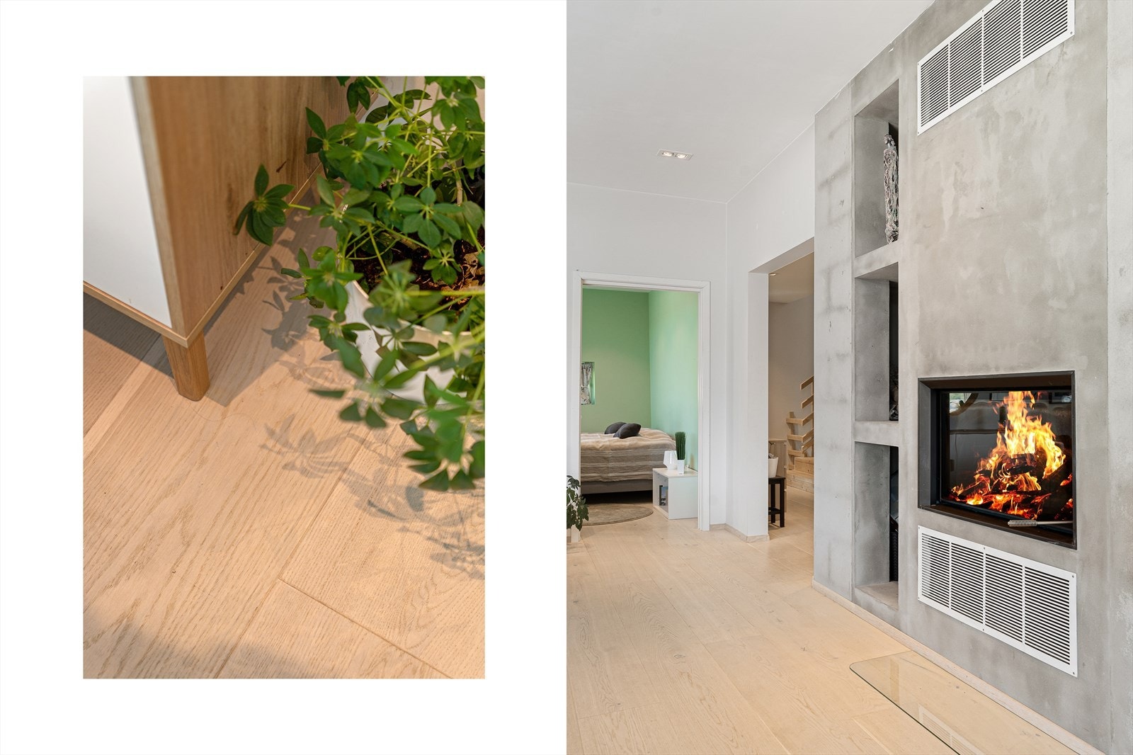 Lekker peisovn med murpuss på hele veggen ved peisovn med svart ramme - det er montert elektrisk avsug i pipen i 2020 og glassplate forran peisen i 2022 Galleribilde