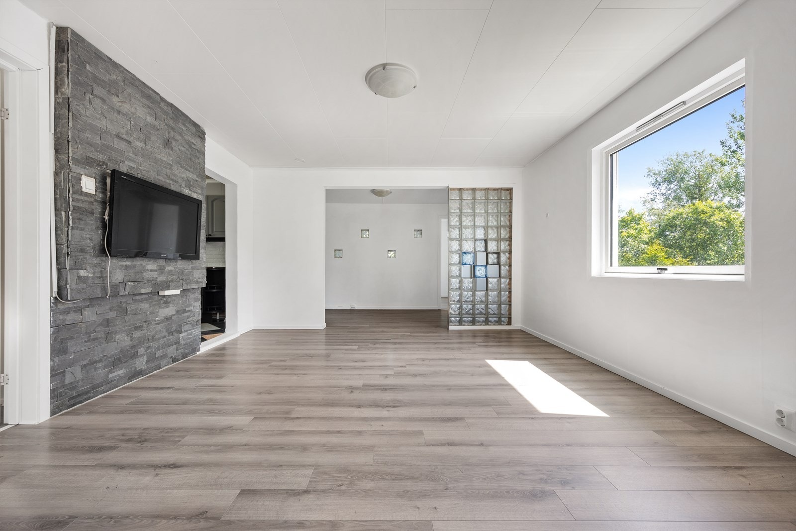 Stuen er romslig med god plass til sofagruppe og spisebord. Galleribilde