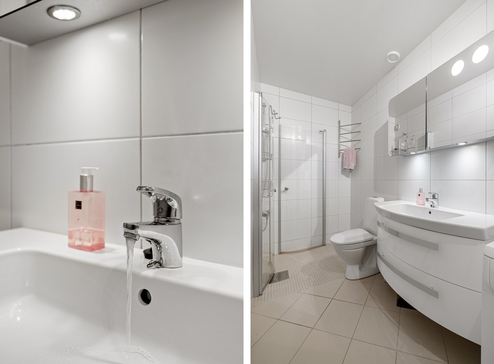 Badet er innredet med baderomsinnredning med nedfelt servant, toalett, dusjhjørne og opplegg for vaskemaskin. Galleribilde