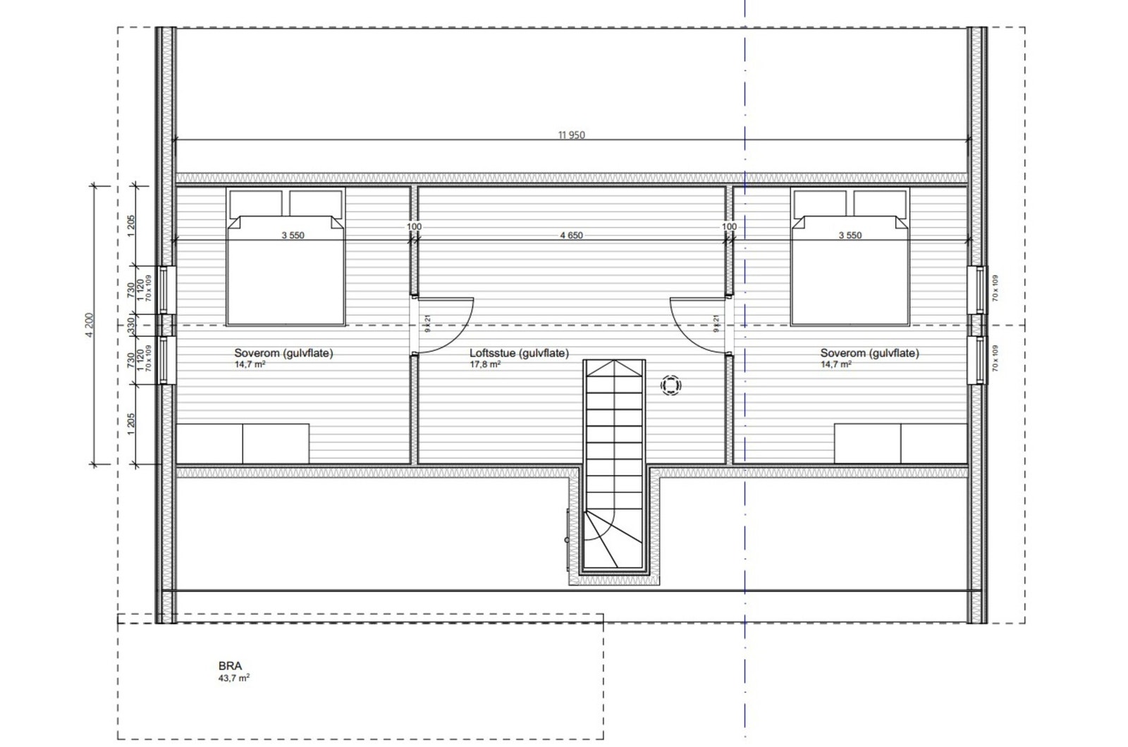 Plantegning andre etasje. Leveres mot tillegg. Galleribilde