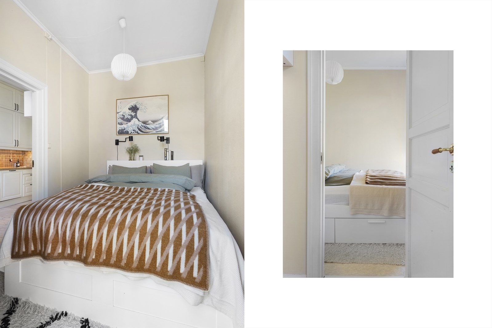 Seng med smarte oppbevaringsløsninger og lune fargetoner gir rommet en rolig og funksjonell atmosfære. Galleribilde