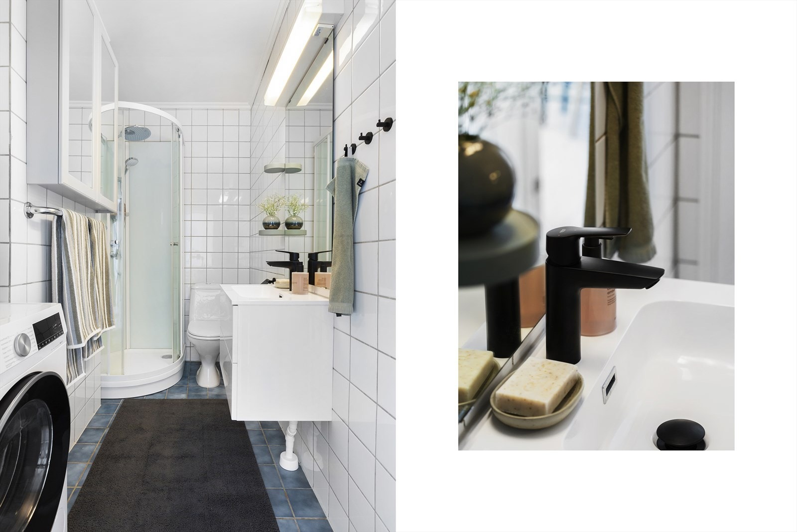 Fliselagt baderom med toalett, dusjkabinett, servantinnredning og opplegg for vaskemaskin. Galleribilde