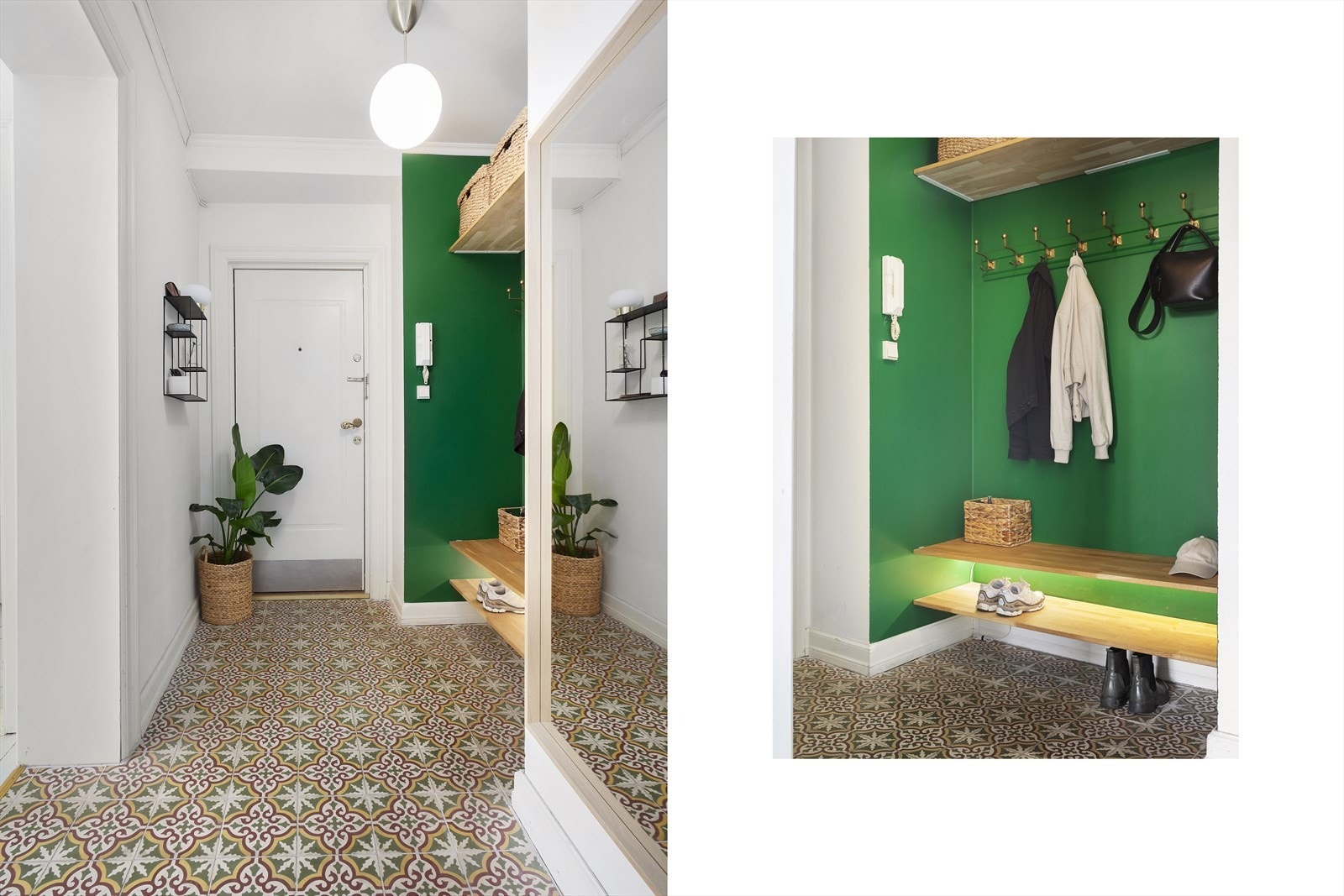 Stilfull inngang med lekre fliser, kontrastvegg og ledlys. Galleribilde