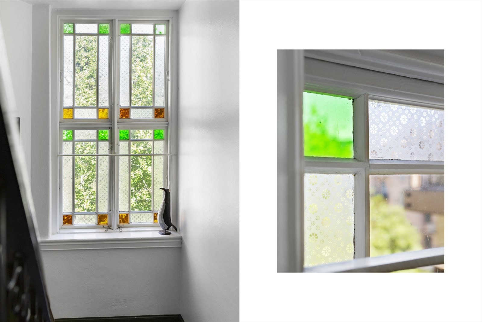 Dekorative vinduer med mønstret og farget glass gir oppgangen et unikt preg. Galleribilde