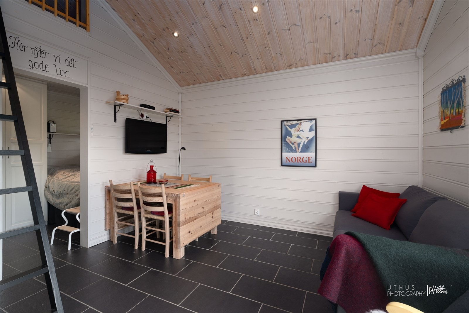 Den åpne løsningen på 19,9 m² gir plass til både sofa- og spisegruppe Galleribilde