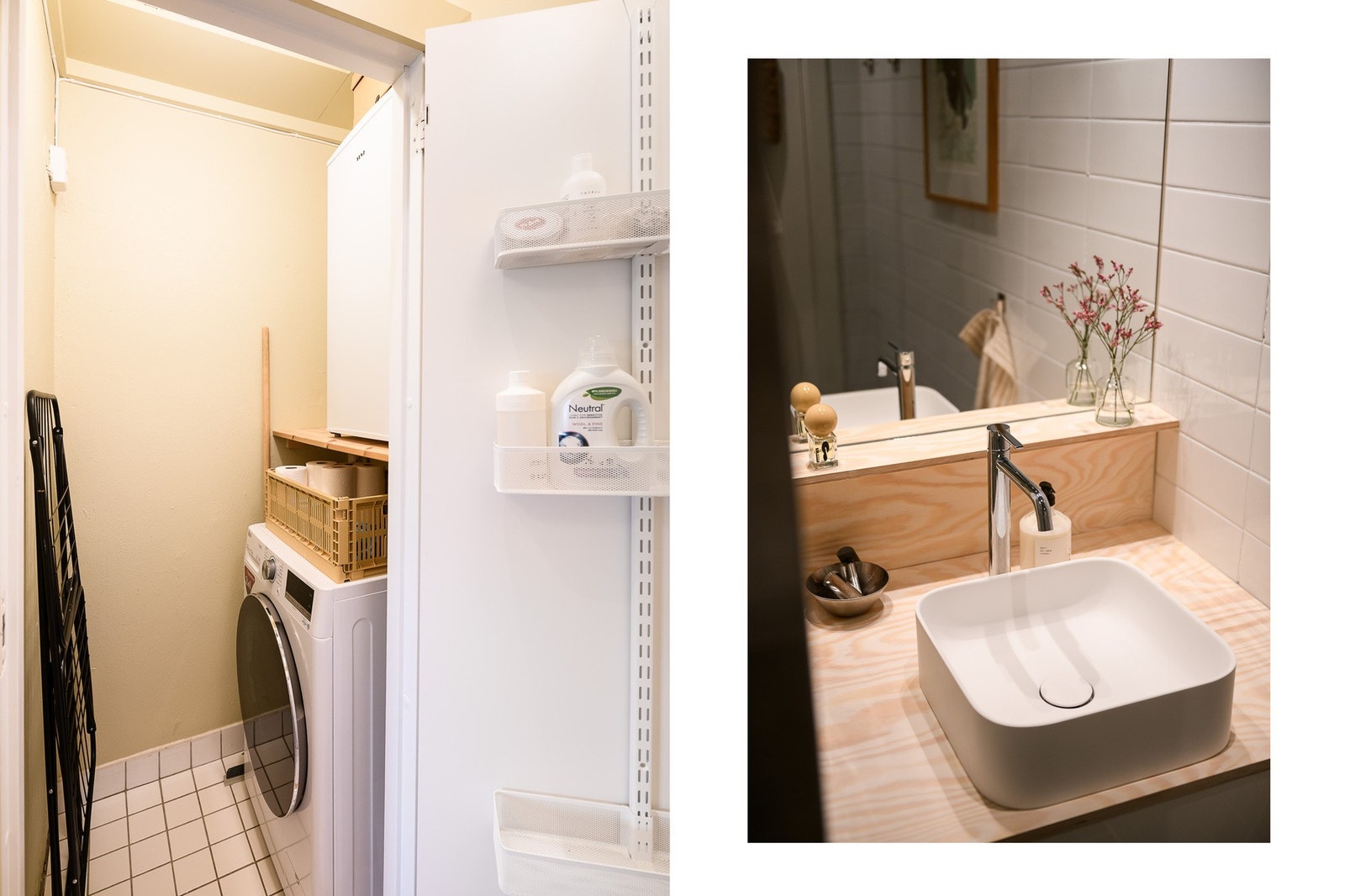 Baderomsinnredningen er oppgradert med ny servant i Acovi®-kompositt og furufiner benkeplate. Vaskemaskin plassert i kott vegg-i-vegg med badet. Galleribilde