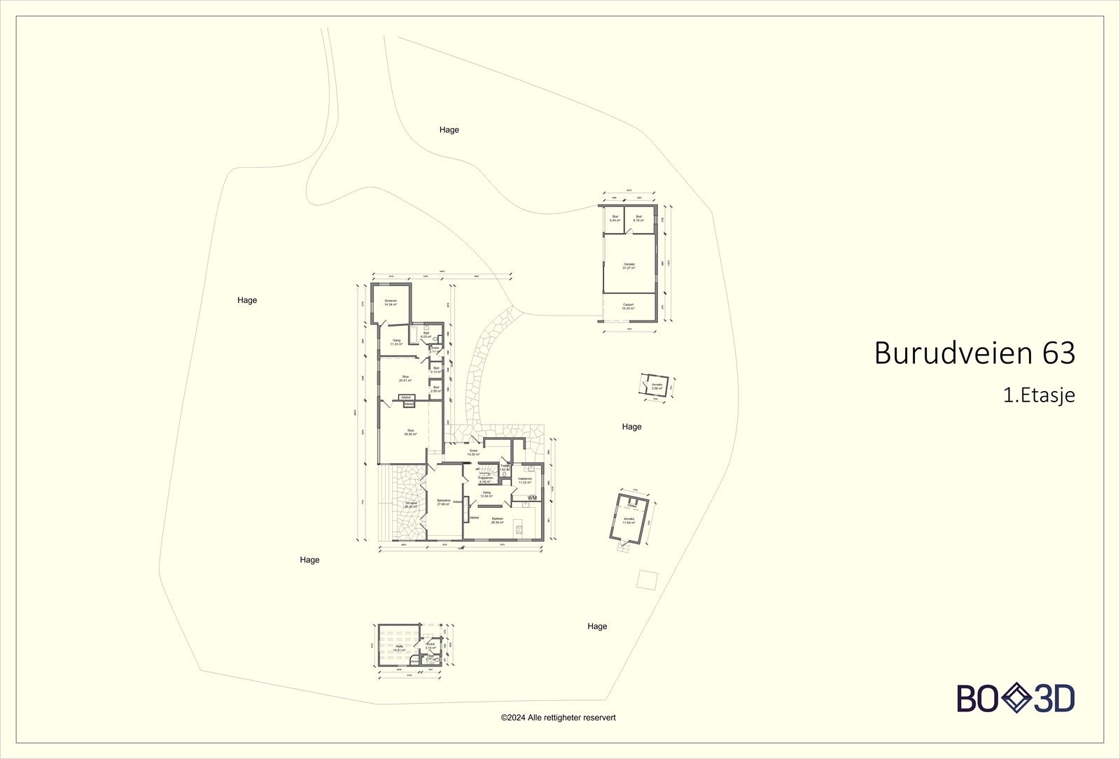 Plantegning over 1. etasje i hovedhus og tilleggsbygg Galleribilde