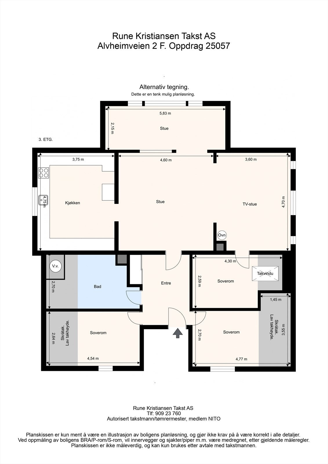 Alternativ planløsning hvor nytt soverom etableres der hvor det i dag er bad, og nytt bad på det som i dag brukes som lite soverom. Galleribilde