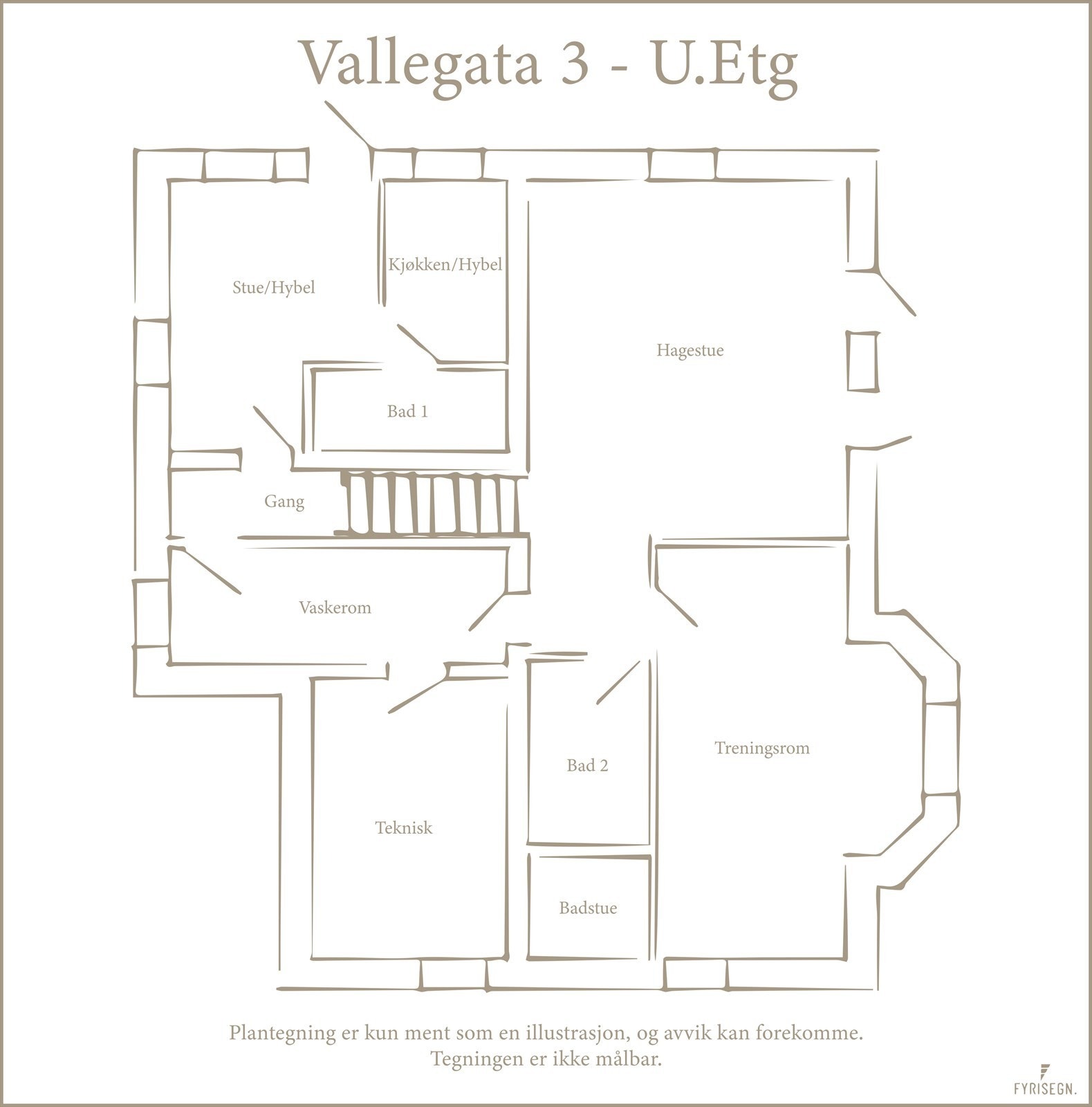 Plantegning underetasje. Det gjøres oppmerksom på at dette rommet i dag er innredet som soverom. Galleribilde