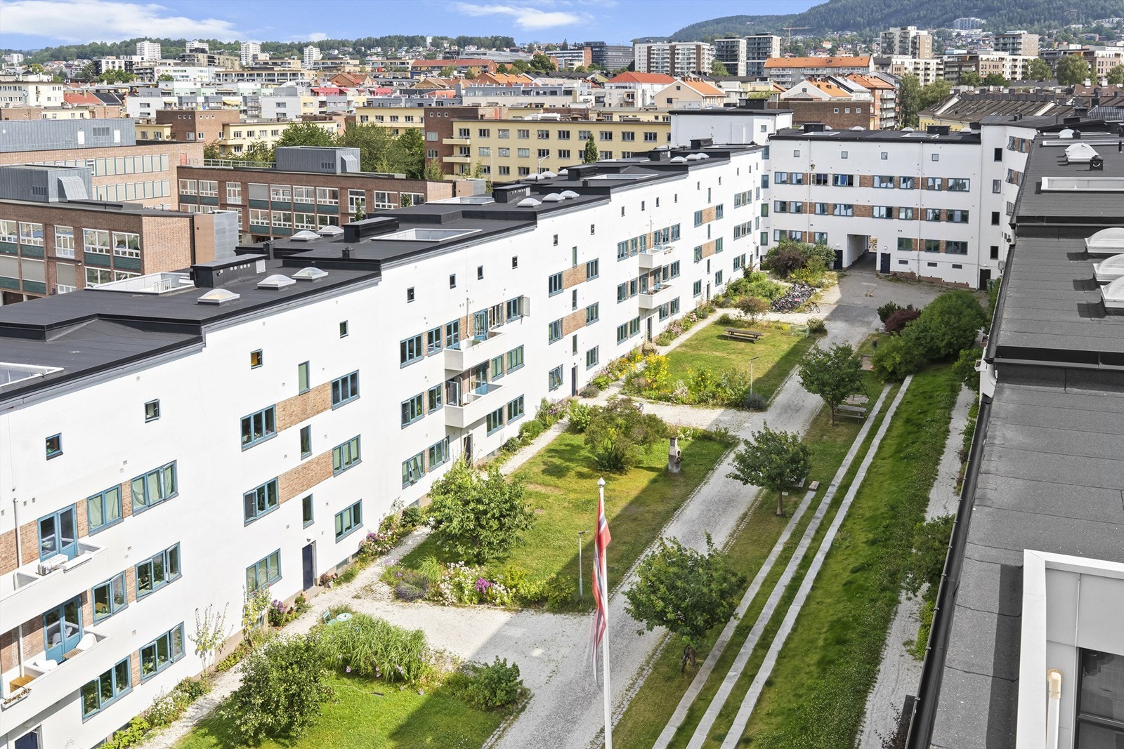 Bakgården er tegnet av Bar Bakke arkitektfirma. Borettslaget har egen hagegruppe som har ansvar for luking, vanning, planting og videreutvikling av bakgården Galleribilde