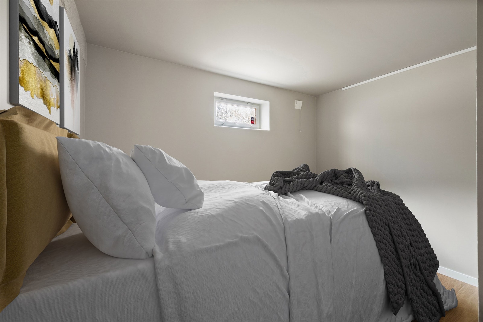 Hybelens soverom er på nesten 7 kvm. Bildet er digitalt møblert. Galleribilde