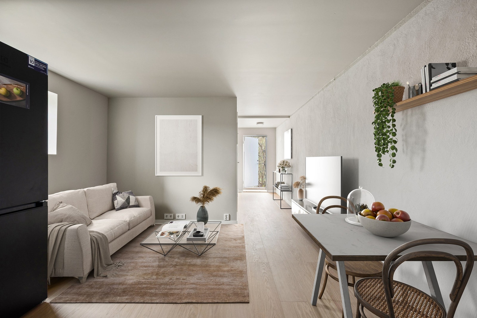 I underetasjen er hybel etablert - lovlig for beboelse, men ikke søkt godkjent som separat boenhet. Bildet er digitalt møblert. Galleribilde