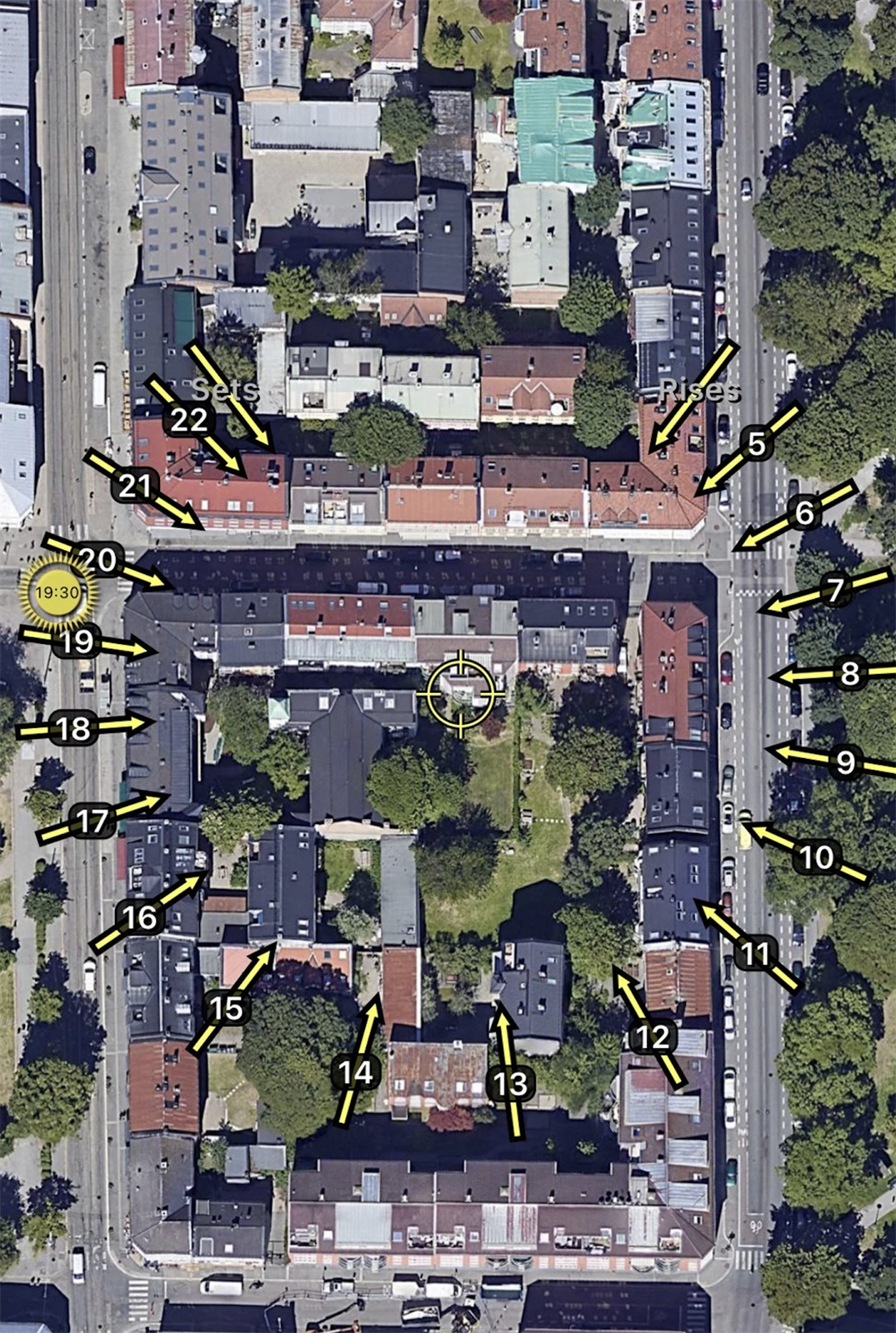 Illustrasjon av solforholdene midtsommers. Sol på balkongen fra ca. kl. 8:30-19:30. Galleribilde