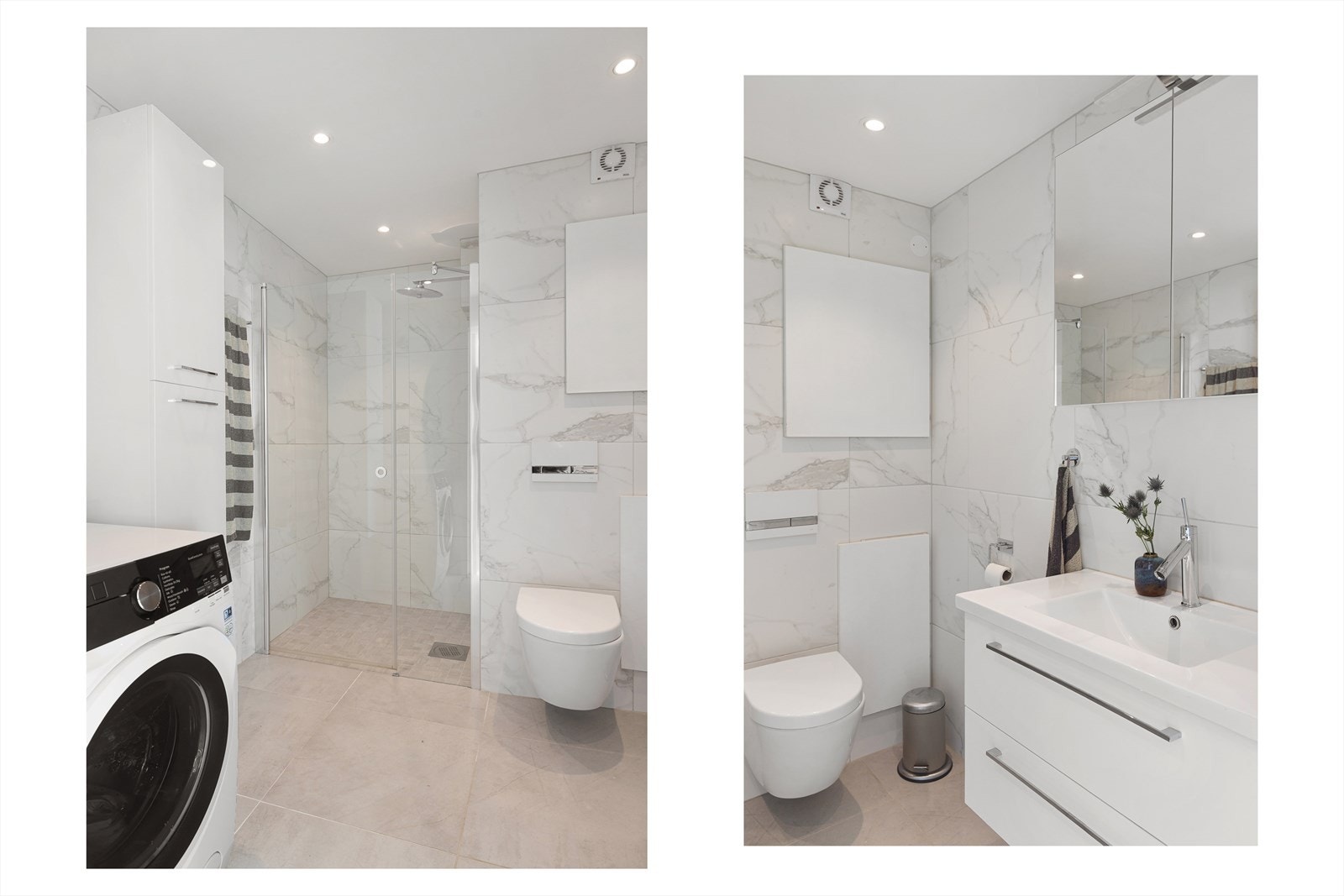 Badet inneholder dusjhjørne med dør i glass, vegghengt toalett og baderomsinnredning med skuffer, servant ett-greps blandebatteri og speilskap på vegg. Galleribilde