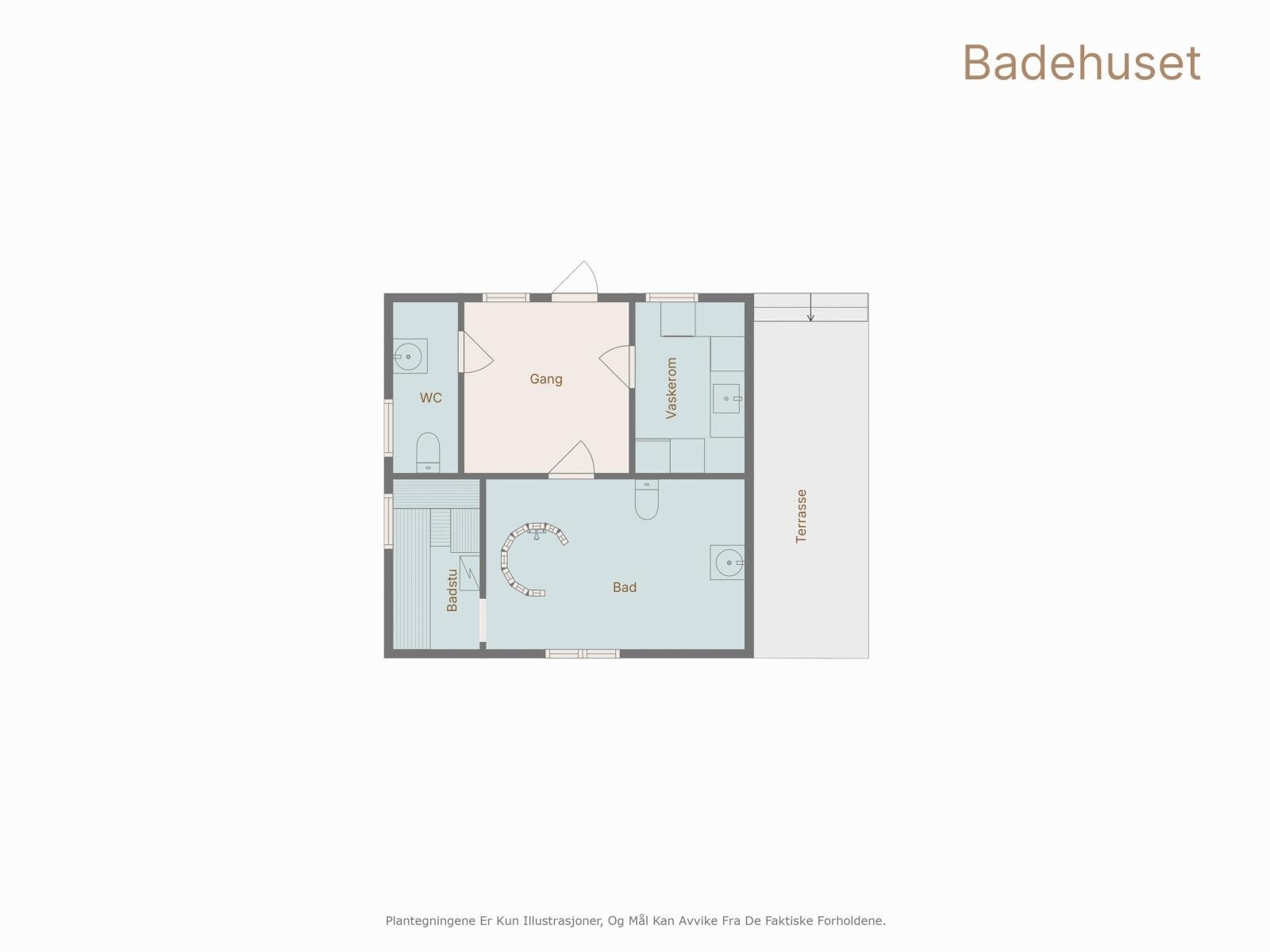 Plantegning badehuset med entrè, stort bad, badstue, separat toalettrom og vaskerom Galleribilde