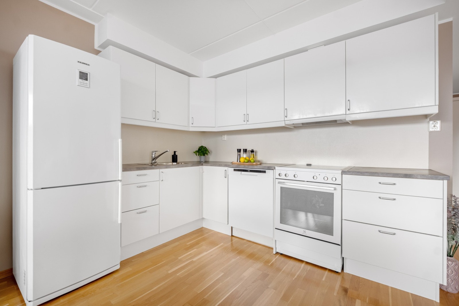 Frittstående komfyr, oppvaskmaskin og kjøleskap. Hvitevarer medfølger. Galleribilde