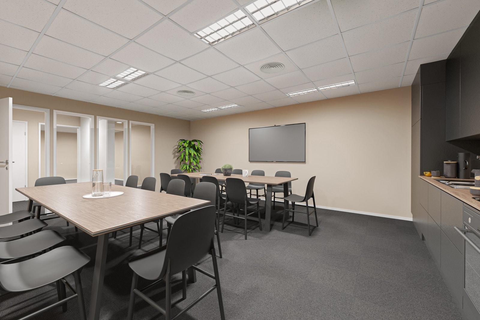 Kontorfellesskapet består av lukkede kontor av ulike størrelser samt arbeidsplasser i åpent landskap, et åpent fellesareal, samt felles møterom og spiserom/ kjøkken. Spiseområde består av nytt kjøkken med integrerte hvitevarer, kaffemaskin og nye møbler. Galleribilde