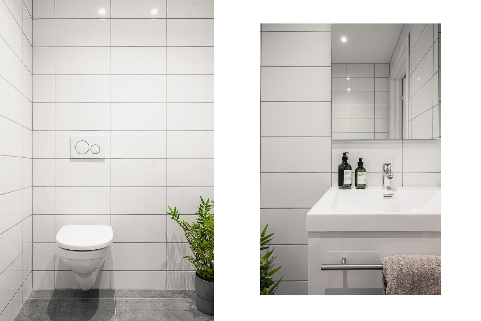 Like ved entréen ligger et praktisk gjestetoalett, som inneholder benkeskap med servant og vegghengt toalett. Galleribilde