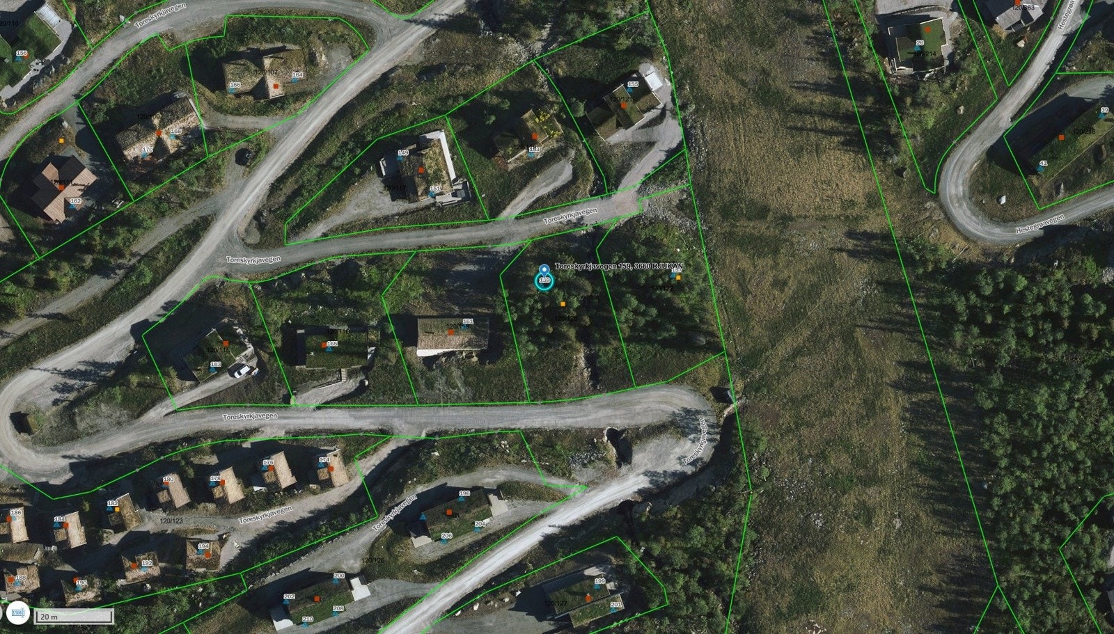 Toreskyrkjavegen 159 mellom skibakkene på kommunens tomtekart Galleribilde