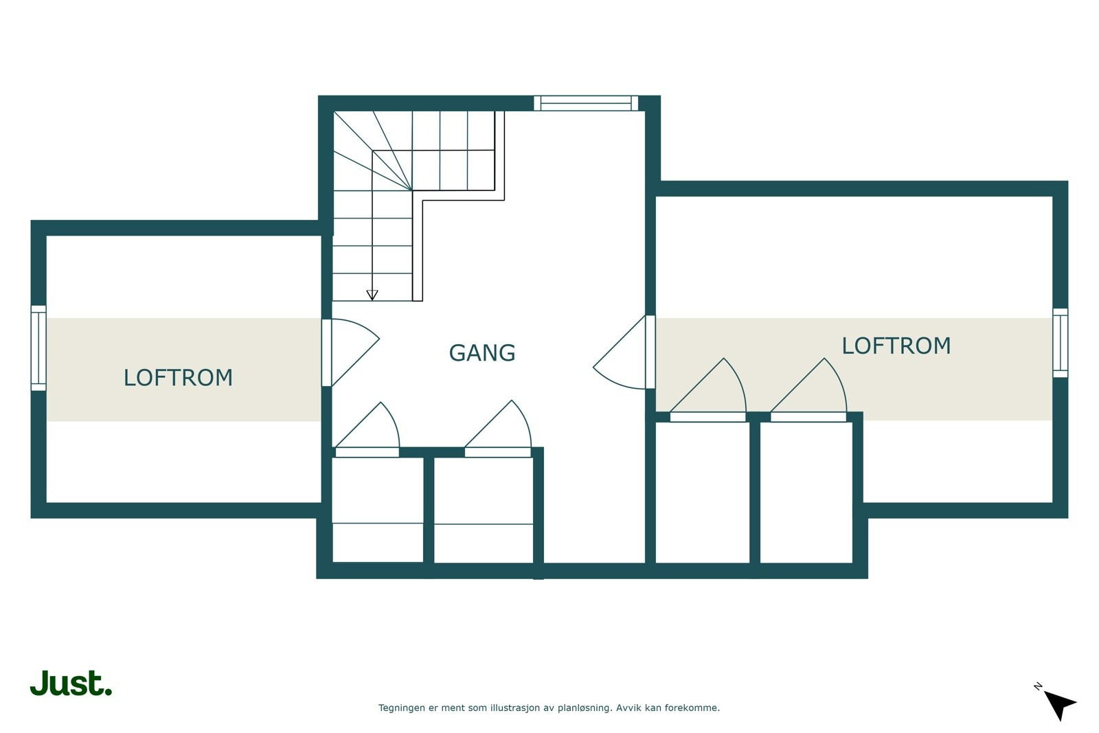Planskisse loft. Loftet er ikke målbart areal (pga. lav takhøyde) på 34 kvm slik at dette er bonusarealer.