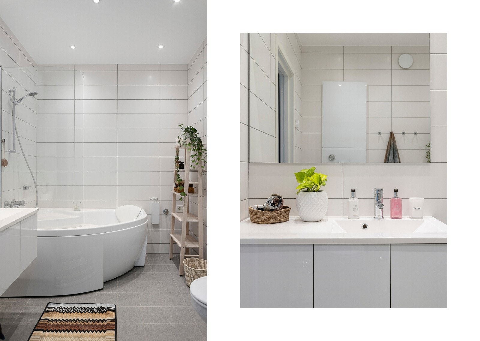 Innbydende bad i tilknytning til soverommene i 2.etg. Badet har fliser på vegger og gulv, gulvvarme, downlights, og badekar. Galleribilde