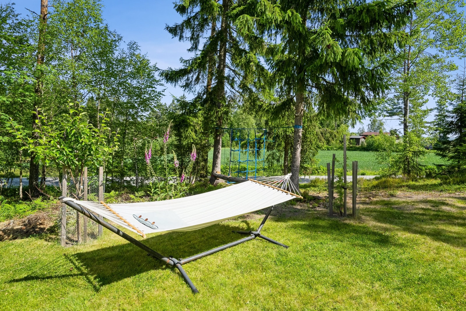 Stemningsbilde fra hagen. Hagen har en opparbeidet plen på rundt 100m2. Galleribilde