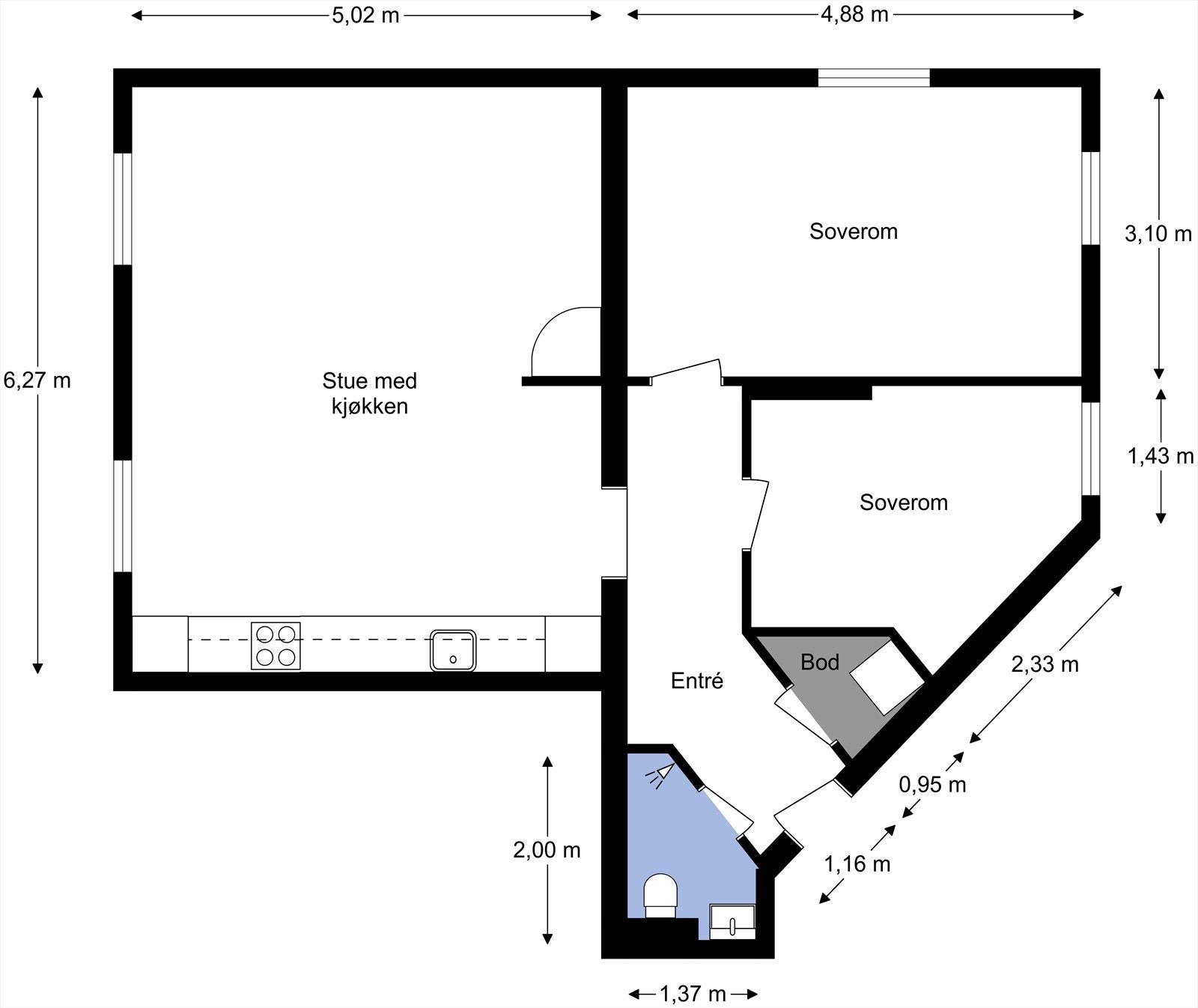 Leiligheten inneholder entré, bad, bod, 2 soverom og åpen- stue og kjøkkenløsning. I tillegg disponerer leiligheten to kjellerboder og én loftsbod. Galleribilde