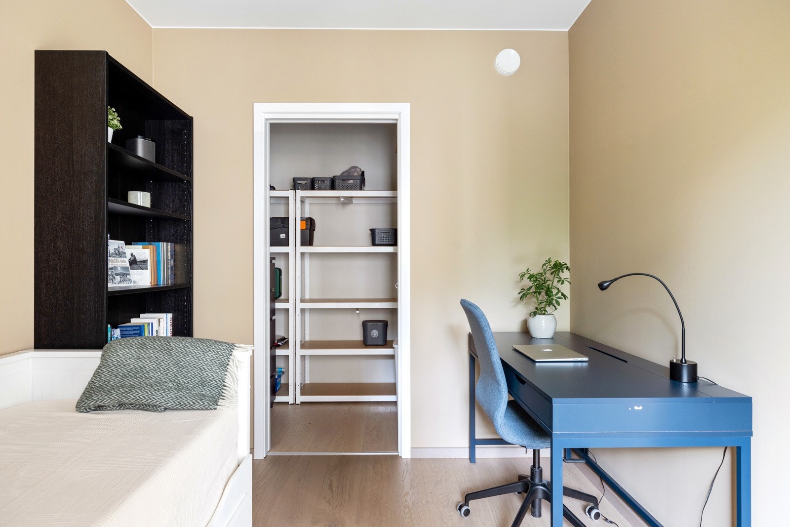 Her er det plass til både seng og skrivebord, og det er en innvendig bod som gir ekstra lagringsplass. Galleribilde