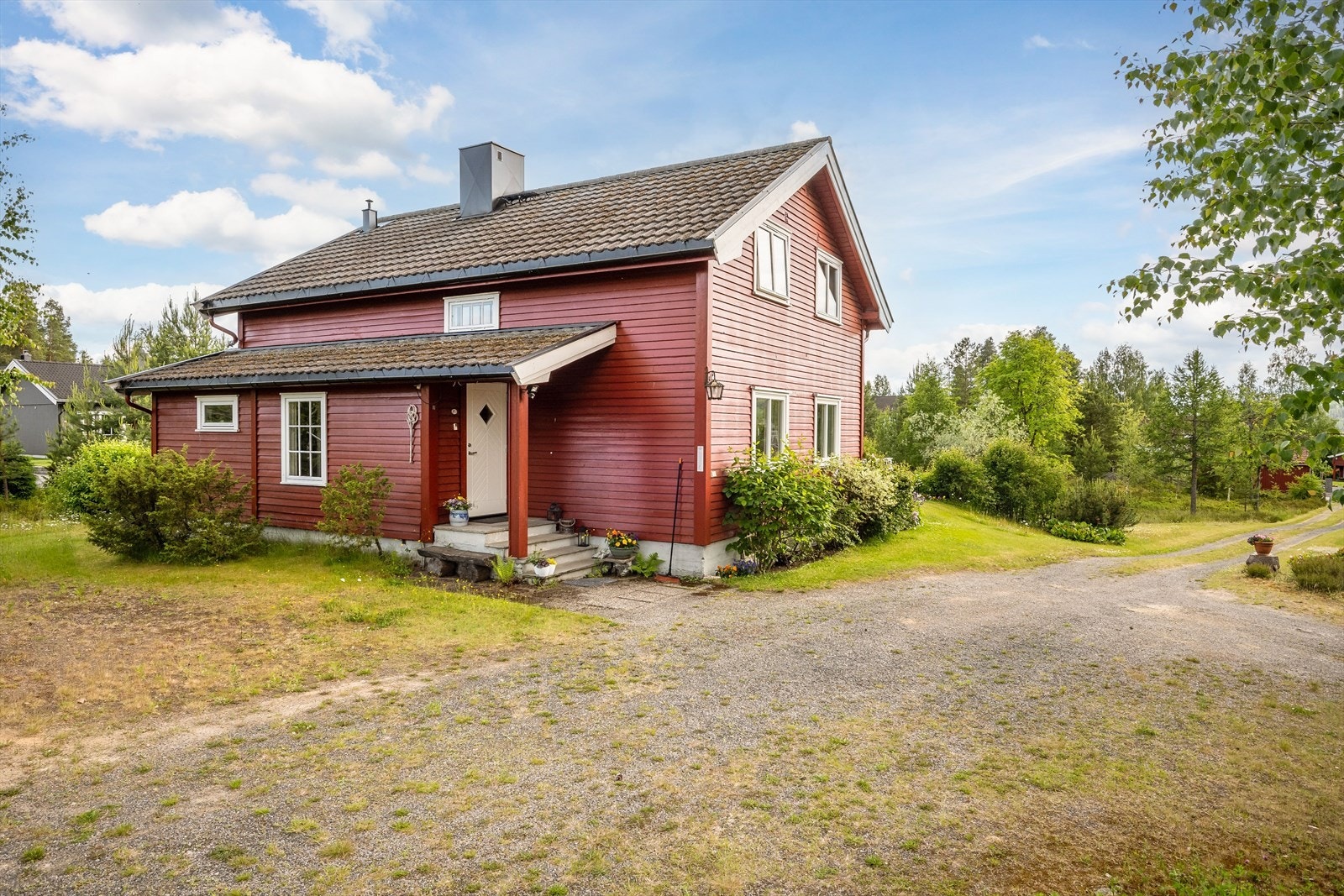 Hellende tomt mot sør. Tomten er opparbeidet med plen og variert beplantning ved boligen. Delvis innhegnet med gjerde. Gruset innkjøring og parkering. Belagt med heller ved inngang. Dels med naturtomt med stedets vegetasjon. Galleribilde