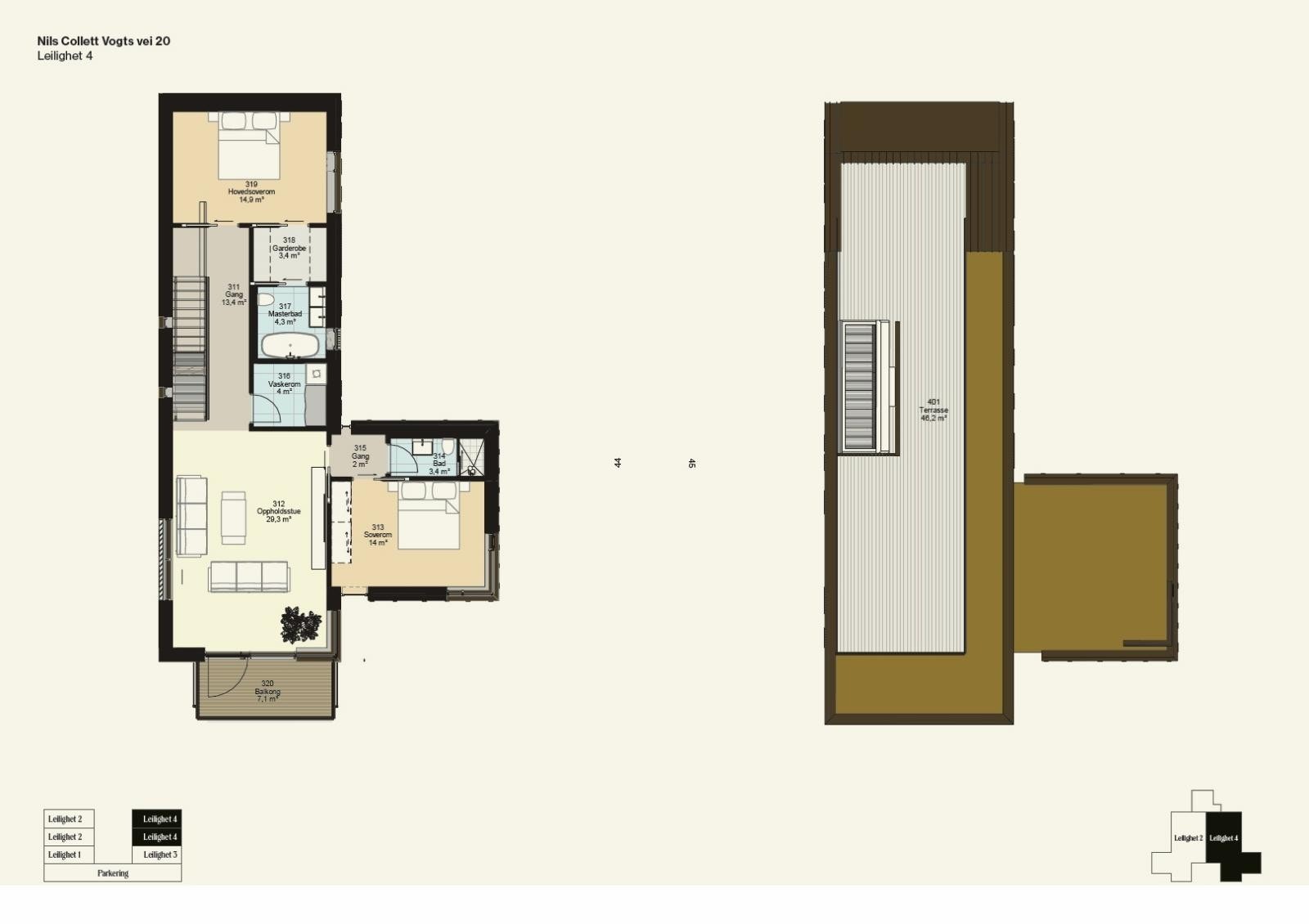 Planskisse, 2 etasje i boligen i byggets 3. etasje samt takterrasse Galleribilde