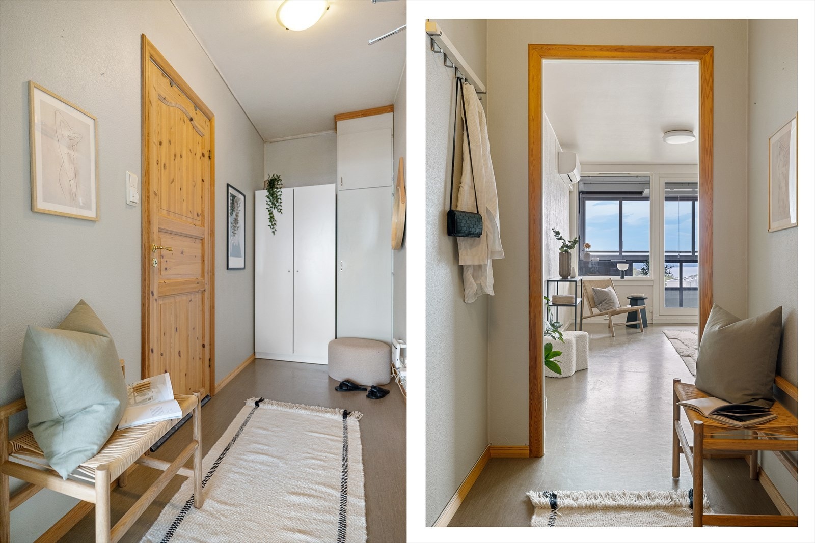Lys og innbydende entré med plass til oppbevaring av sko og yttertøy. Galleribilde