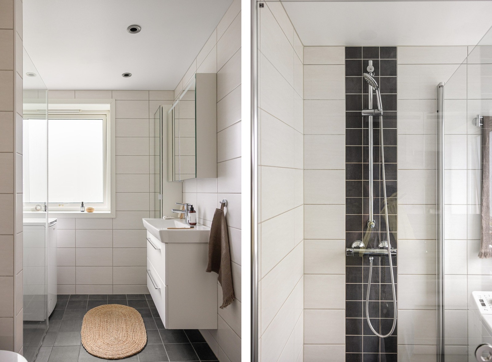 På badet er det baderomsinnredning, vegghengt toalett, dusj m/glassdør og opplegg for vaskemaskin. Galleribilde