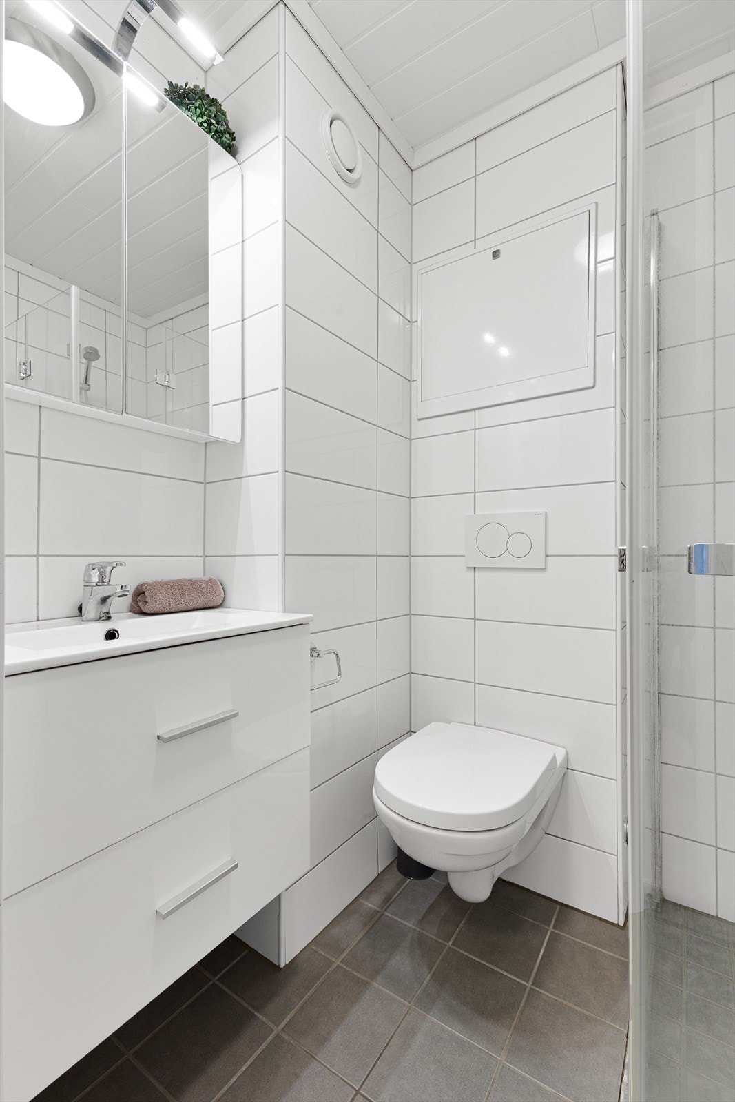 Vegghengt toalett, skap, speilskap, servant, dusjnisje og opplegg til vaskemaskin på badet Galleribilde