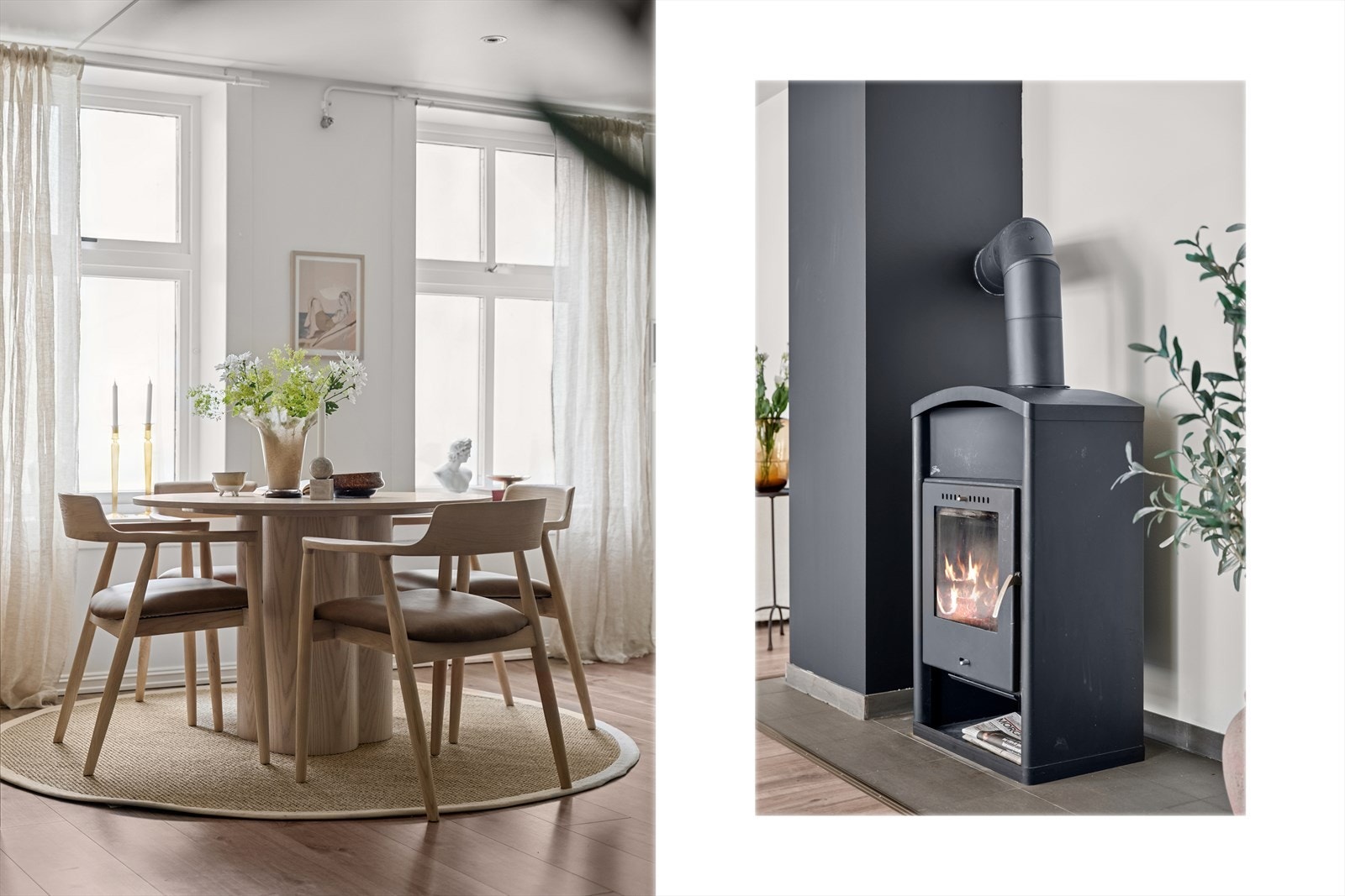 Hyggelig peis installert mellom kjøkken- og stuesonen. Galleribilde