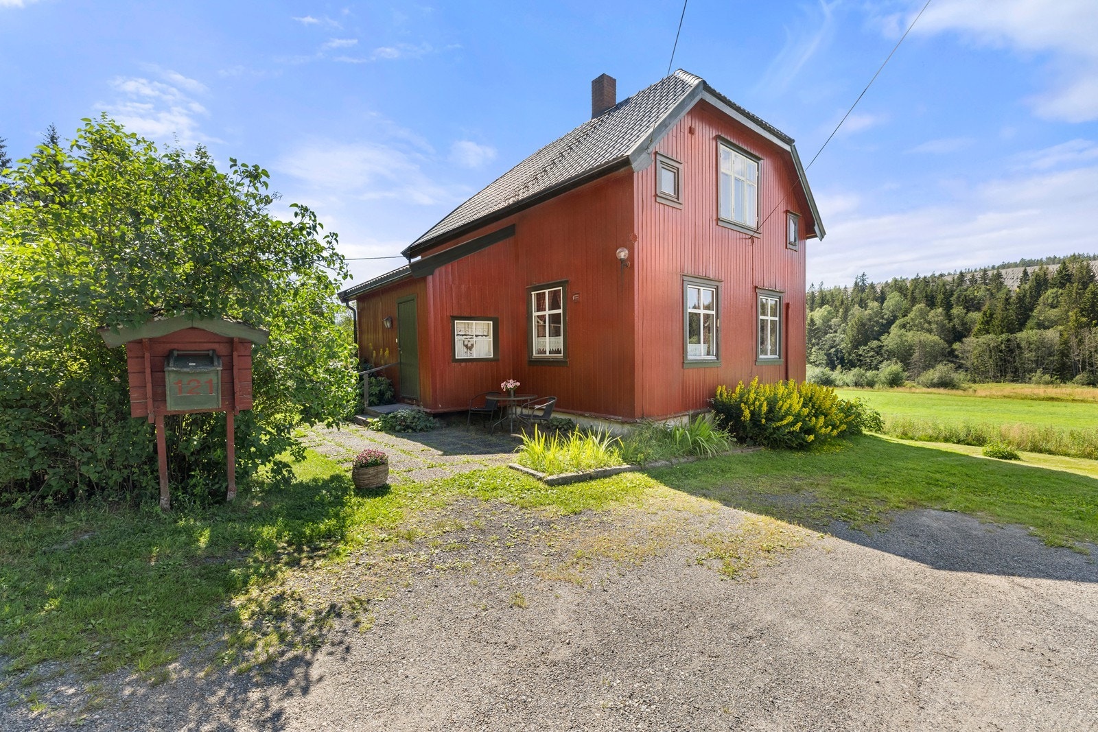 Fasade med klassisk rødmalt bordkledning og velstelt inngangsområde. Galleribilde