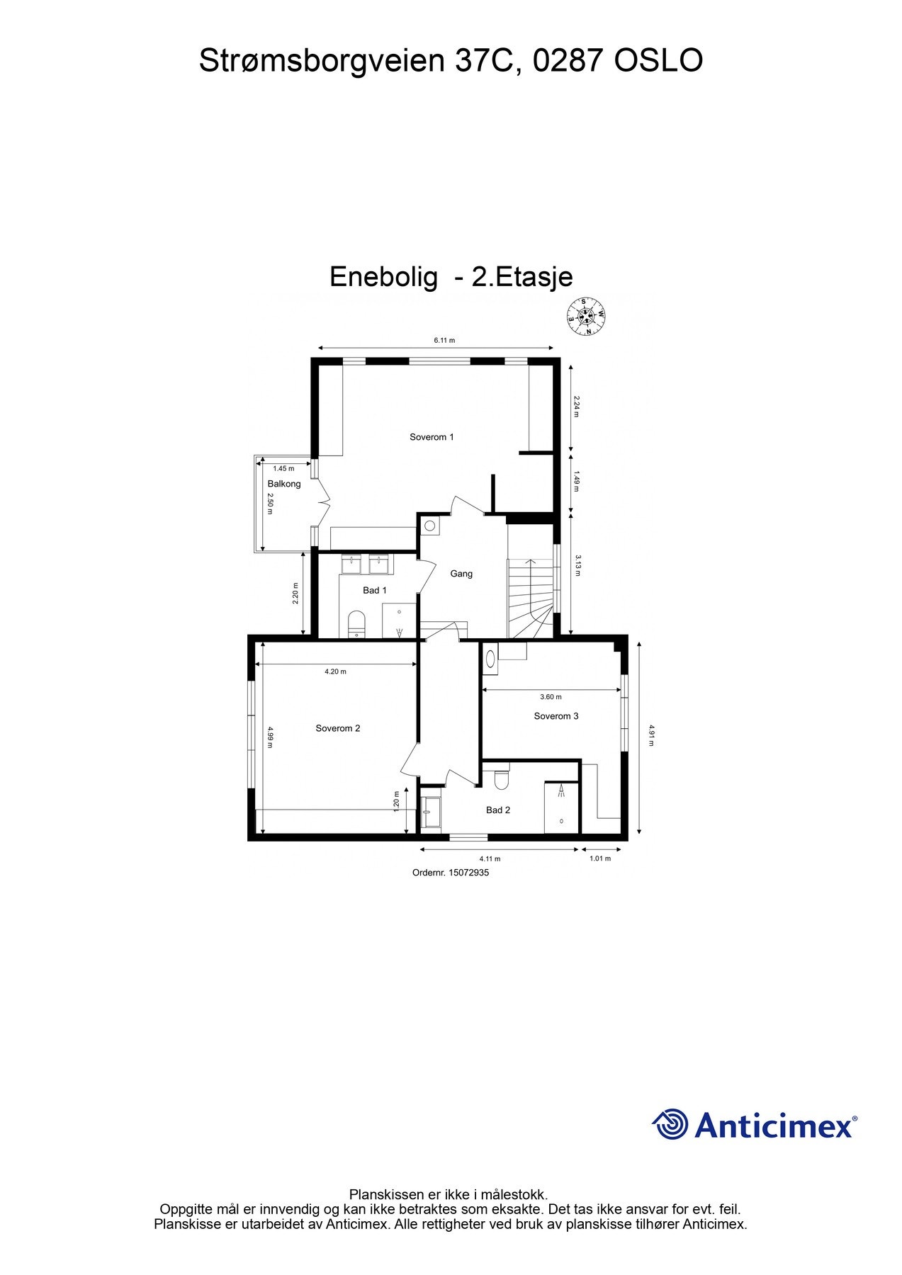 Plantegning 2.etasje. BRA-i 85 kvm. Gang, to bad og tre soverom. Galleribilde