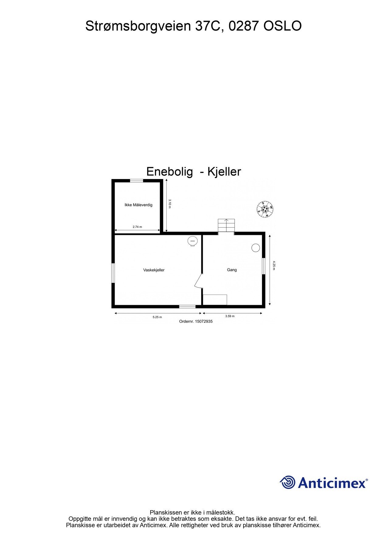 Plantegning kjeller. BRA-i 38 kvm. Gang og vaskekjeller. Galleribilde