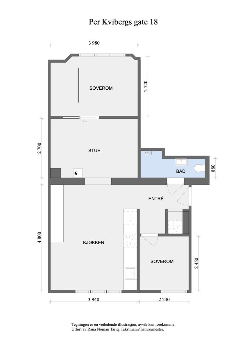 Målsatt plantegning av leiligheten. Galleribilde