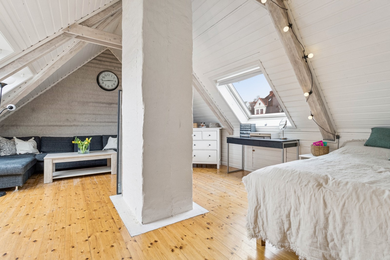 Loftsetasjen benyttes i dag som loftstue. Vi gjør oppmerksom på at rommet hverken er omsøkt eller godkjent hos kommunen. Galleribilde