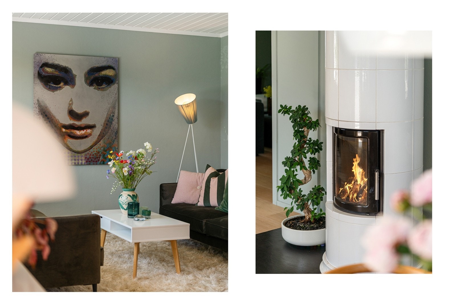 Stue med to soner, naturlig avdelt av en klassisk kakelovn som gir både varme og karakter Galleribilde