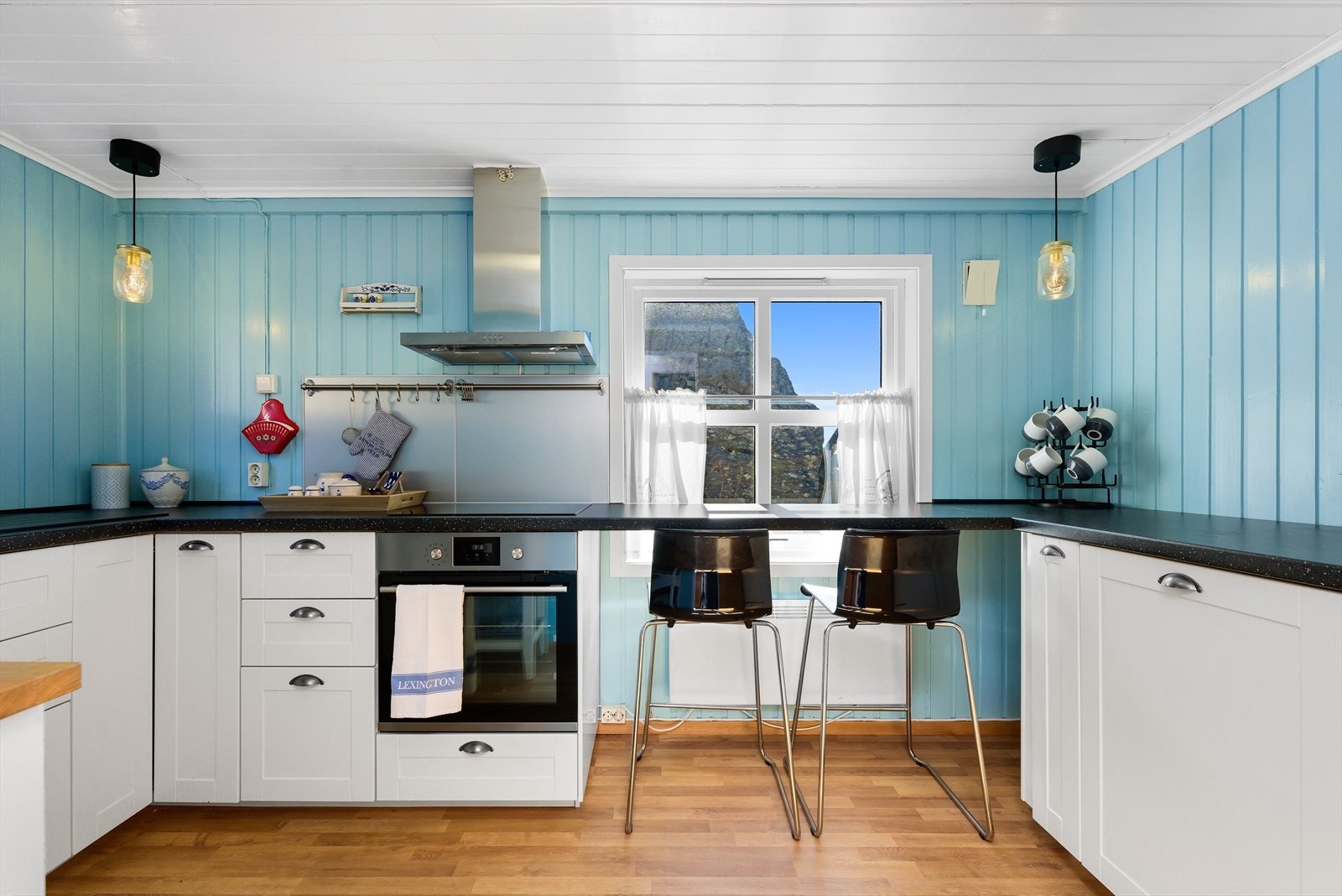 Det er vask i kompositt nedfelt i benkeplaten, samt integrert oppvaskmaskin, induksjonstopp og stekeovn. Det er kjøkkenventilator i børstet stål med avtrekk ut. Galleribilde