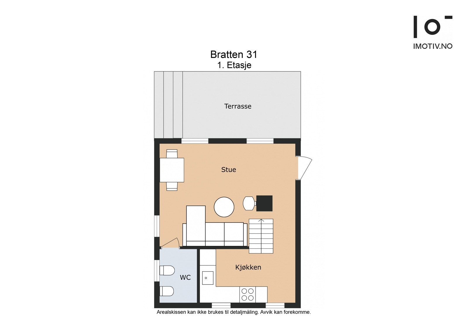 Plantegning 1. etg. Terrassen er delvis bygget på naboens eiendom i henhold til gammel privat muntlig avtale. Galleribilde