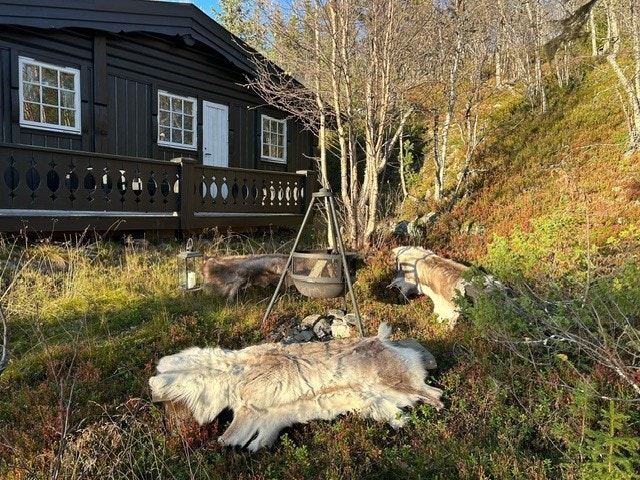 På sørsiden av hytta er det satt opp benker rundt en egnet bålplass. Galleribilde