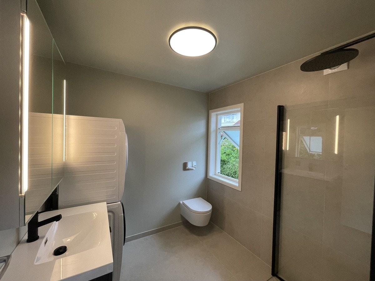 Det største badet. Speilskap med lys, vegghengt toalett og dusj rett på flis. Galleribilde