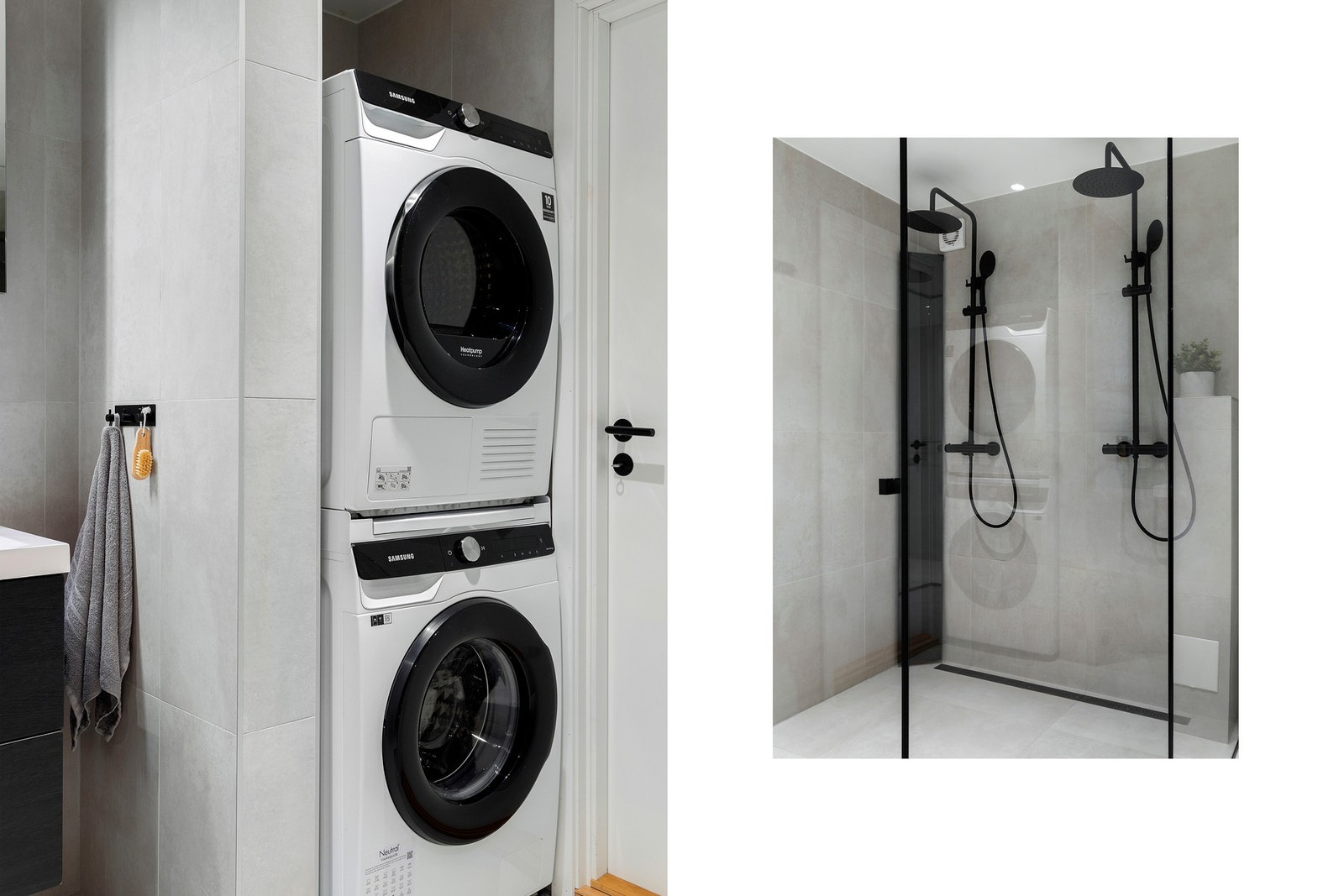 Eksklusiv spesialtilpasset dusjløsning laget på mål fra lokal glassmester. I dusjsonen er det dobbeldusj med nedsenk og rennesluk. Galleribilde