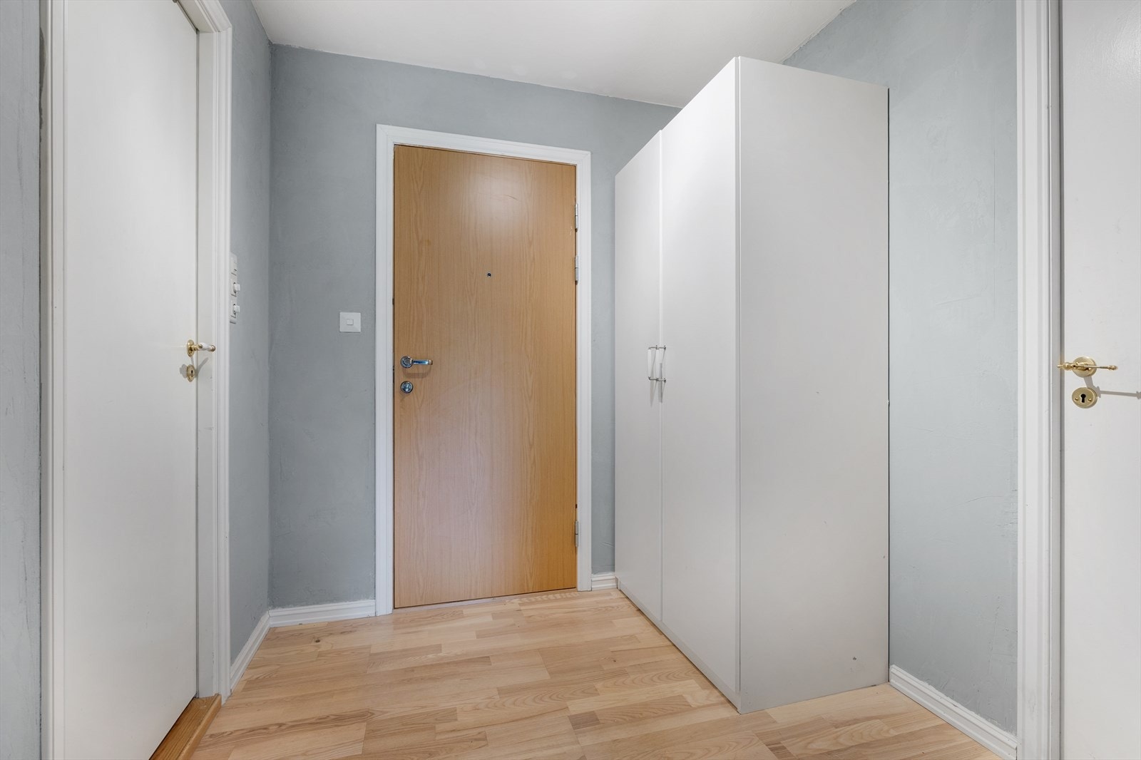 Lys og romslig entré med god plass til garderobeskap og oppbevaring av yttertøy og sko. Herfra har du enkel tilgang til både bad og bod. Galleribilde