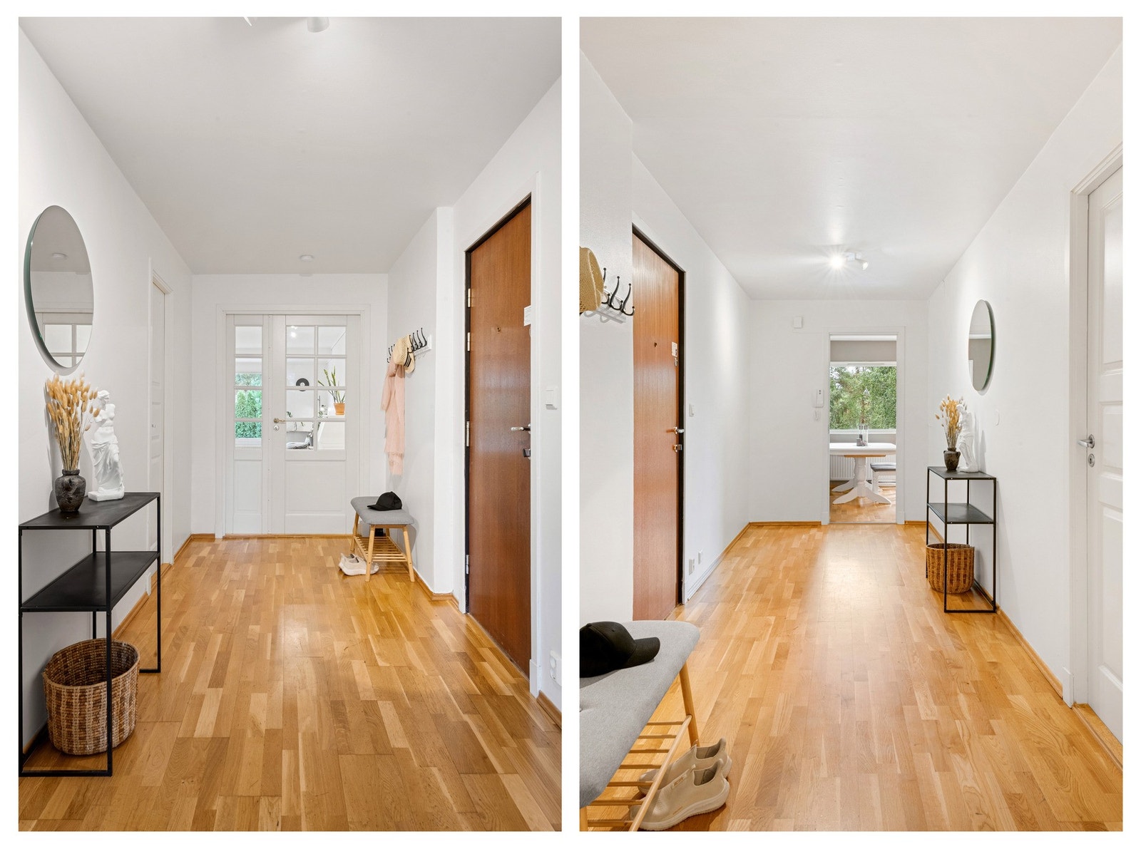 Entré/gang, ca. 9 m². Romslig inngangsparti med parkettgulv. Adkomst til kjøkken og stue i hver ende, samt WC/vaskerom. Dørcalling. Galleribilde