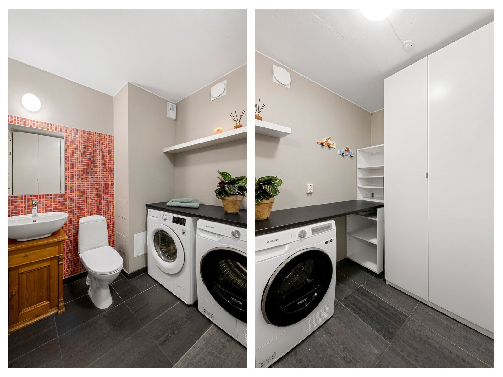 WC/vaskerom, ca. 7 m². Her er det god plass til å vaske og tørke klær. Tre romslige skap til oppbevaring.
Dette er ikke et våtrom, og har ikke membran og sluk.
Det anbefales å montere vannstoppersystem, som vil stoppe eventuelt lekkasjevann. Galleribilde