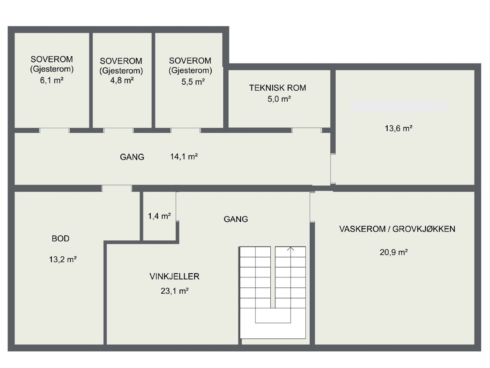 Plantegning kjelleretasje - De 3 rommene definert som "soverom" i plantegningen, er i dag under bruksendring fra kommunen, fra disponibelt rom til soverom. Annonsen/salgsoppgaven oppdateres etter at bruksendringen er godkjent. Galleribilde