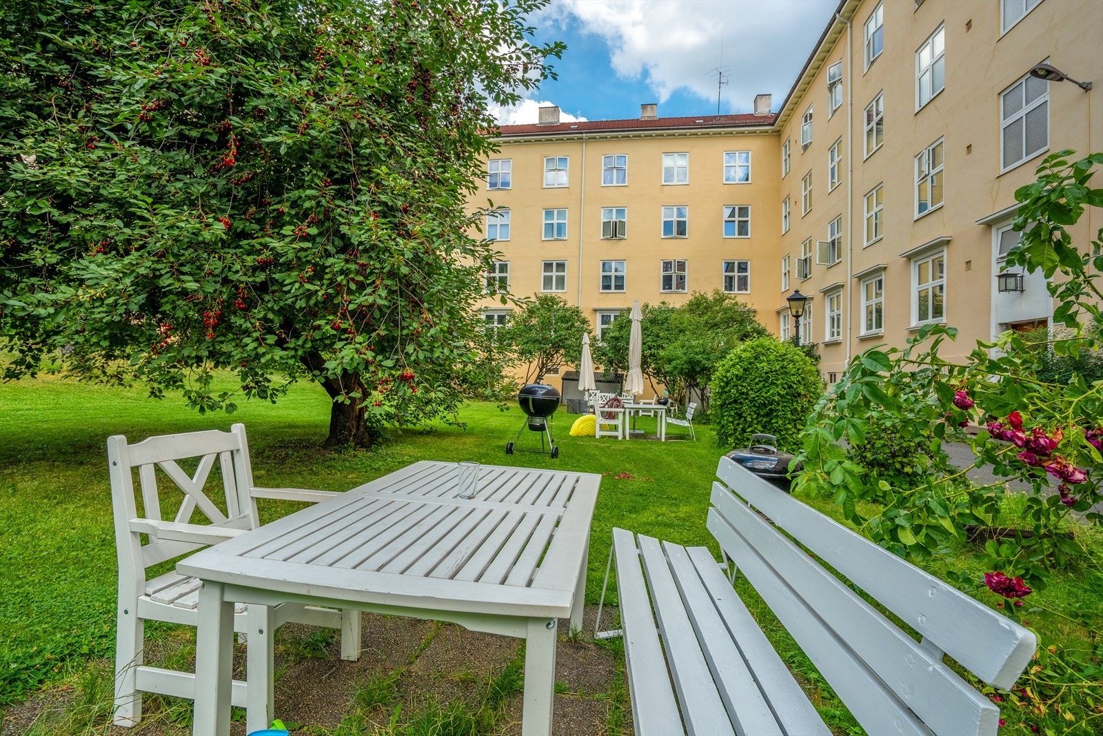Idyllisk opparbeidet bakgård med sittegrupper, grill og beplantning som kirsebærtre og rosebusker. Galleribilde